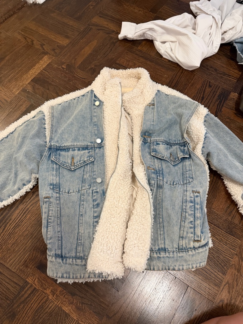 Blank NYC Light Blue Denim Sherpa Jacket with Cream Lining